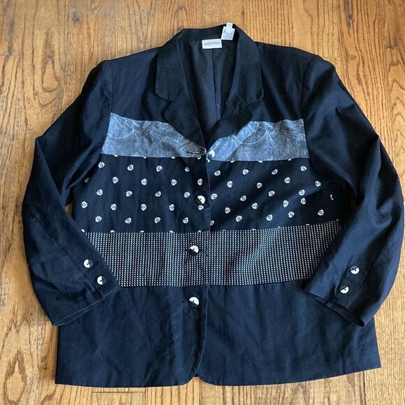 Vintage Newport Black & White Fully Lined Linen Blend Blazer Size 16 - Picture 10 of 13